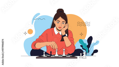 Young woman focuses intensely on a chess game while thinking about her next move amidst colorful abstract background elements.