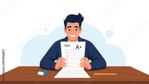 Joyful student sits at a desk and proudly displays his test paper with a perfect A+ grade representing academic success.