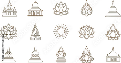 Asian religion and spirituality vector line icon set, featuring Buddhist stupas, Hindu temples, lotus flowers, and radiant sun symbol designs.