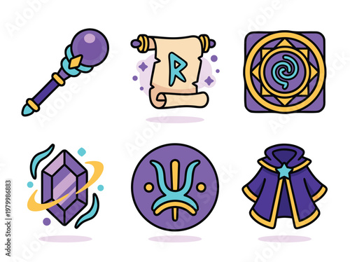 Set of six magical fantasy items and mystical artifacts illustration.