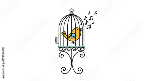 Small yellow bird sings happily inside an ornate vintage birdcage with musical notes floating through the air on white background.