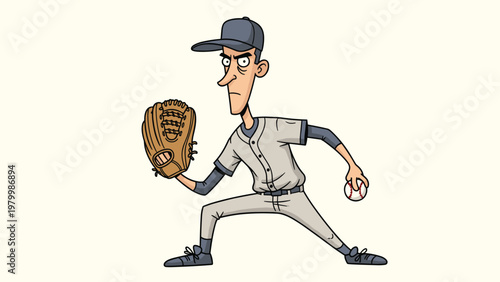 Intense cartoon baseball pitcher focuses with a determined expression while preparing to throw a ball from the mound.