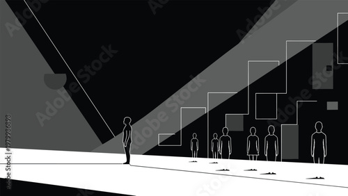 Abstract geometric composition features silhouettes of people standing on a bright path within a dark and structured digital space.