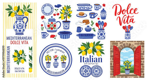 Mediterranean Dolce Vita vector collection, Italian lemon and blue ceramic kitchenware illustrations, rustic summer lifestyle clipart set for branding