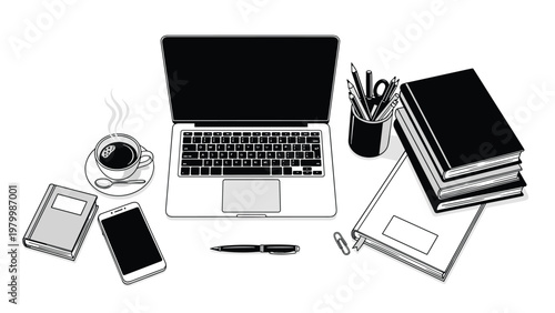 Workspace overhead view with laptop computer, smartphone, coffee cup, and stationery items on white background in flat style illustration.