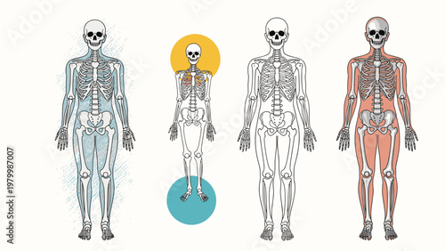 Set of human skeleton anatomical diagrams presented in four different artistic styles ranging from detailed sketches to colored silhouettes.