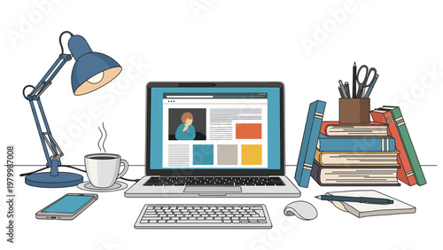 Organized desk space with laptop showing a profile page, desk lamp, smartphone, coffee, and a tall stack of books with pens and pencils.