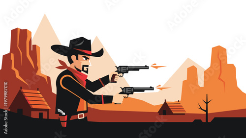 Wild west scene featuring a cowboy with a hat and bandana firing dual revolvers in a desert landscape with red canyons and small huts.