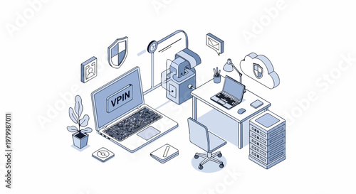 Cybersecurity and VPN Protection Isometric Illustration with Cloud Computing, Data Privacy, and Remote Work Office Setup in Blue Tones