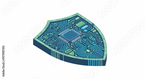Isometric Cyber Security Shield with Circuit Board Pattern for Digital Data Protection and Hardware Security Concept
