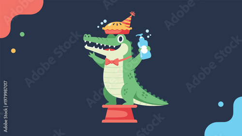 Green cartoon alligator wearing a festive party hat and red bowtie standing on a red circus podium holding a blue bottle of liquid soap.