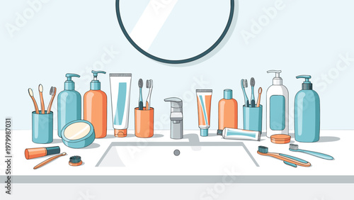 Bathroom vanity countertop filled with numerous personal care products like lotions, toothbrushes, and toothpaste arranged around a white sink.