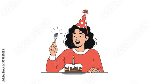 Happy woman with curly hair wearing a polka dot party hat holding a fork in front of a small birthday cake with one lit candle.