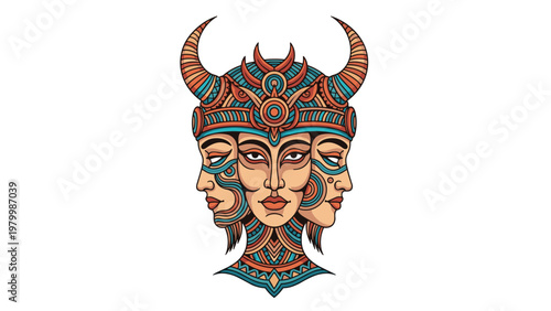 Tribal mask illustration featuring three female faces merged into one headpiece with large horns and intricate geometric patterns.