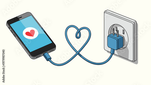 Smartphone charging from a wall outlet with a blue power cable forming a heart shape, symbolizing love for technology or social media.
