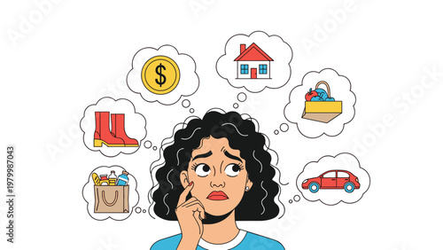 Stressed woman with curly hair thinking about various financial responsibilities like housing, groceries, car, clothing, and money management.