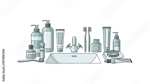 Line art illustration of various bathroom toiletries including bottles and toothbrushes arranged around a white sink basin.