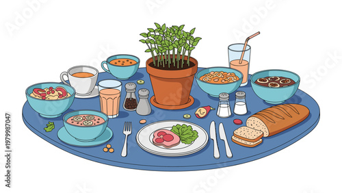 Generous breakfast spread on a blue table including bowls of oatmeal, fruit, bread, eggs, juices, coffee, and a potted plant in the center.