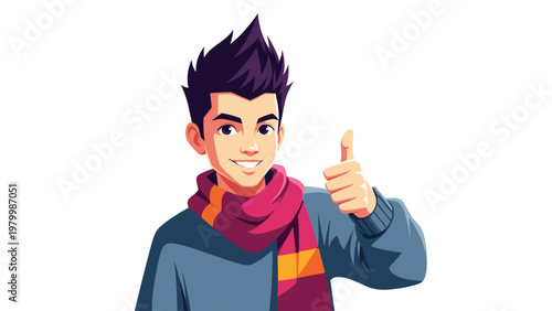 Young man with spiky dark hair wearing a blue sweater and a striped red and orange scarf giving a confident thumbs up gesture.