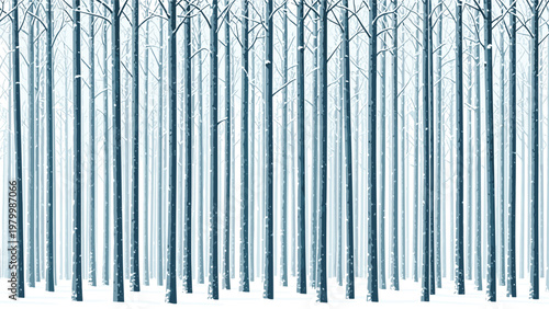 Serene winter landscape showing a dense forest of tall thin tree trunks covered in light snow against a soft misty white and blue background.
