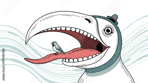Small grey bird perched on the long pink tongue inside the massive open beak of a giant white stylized creature wearing a tiny hat.