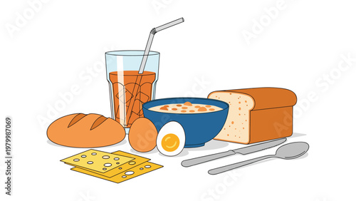 Simple breakfast composition with a bowl of oatmeal, soft-boiled eggs, slices of cheese, fresh bread, and a glass of iced tea or juice.