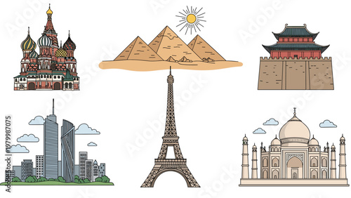 Set of famous global landmarks including the Eiffel Tower, Taj Mahal, Pyramids of Giza, Saint Basil Cathedral, and city skyscrapers.