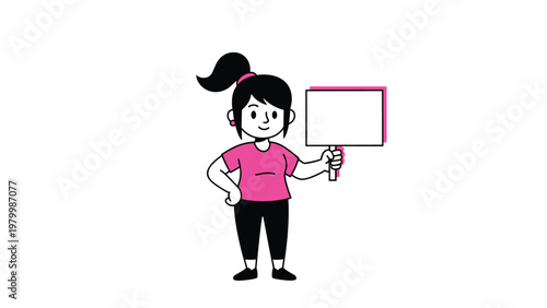 Cute girl with a dark ponytail wearing a pink shirt and black pants holding up a small blank white placard for your custom text or message.