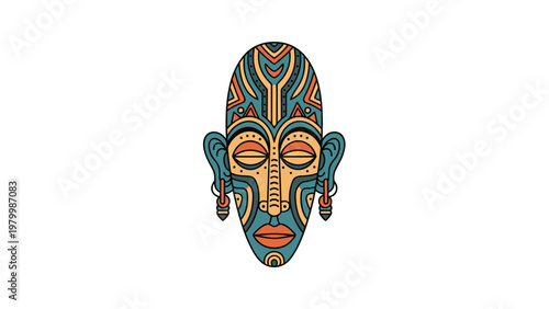 Stylized tribal mask with vibrant colors featuring symmetrical geometric patterns and decorative earrings on a white background.