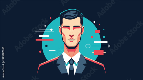 Conceptual portrait of a professional man in a dark suit and tie with his eyes closed surrounded by colorful abstract geometric shapes.