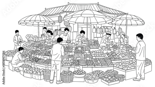 Detailed line art illustration of a bustling traditional Asian outdoor market with vendors selling produce under large umbrellas.