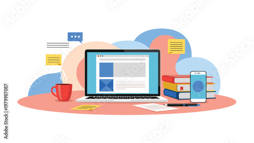 Modern digital workspace with a laptop, smartphone, coffee mug, and a stack of books against soft abstract background shapes.