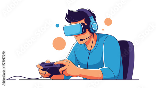 Young man immersed in a digital world while wearing a virtual reality headset and using a game controller with colorful floating circles.