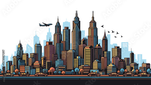 Vibrant urban cityscape featuring a dense cluster of colorful skyscrapers, a highway with cars, and an airplane flying through the sky.