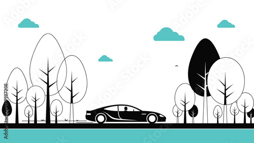 Sleek minimalist silhouette of a sports car driving through a stylized forest with white trees and blue accents.