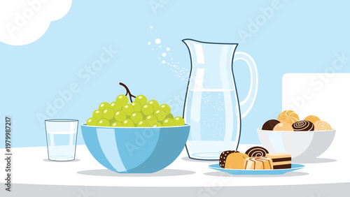Refreshing still life arrangement of green grapes a glass of water and assorted cookies set against a blue sky.