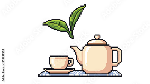 Retro pixel art illustration of a teapot and tea cup on a checkered mat with large green tea leaves floating above.