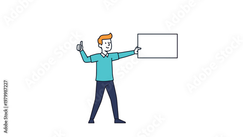Cheerful cartoon man in a blue shirt giving a thumbs up while holding a large blank white sign for advertisement.