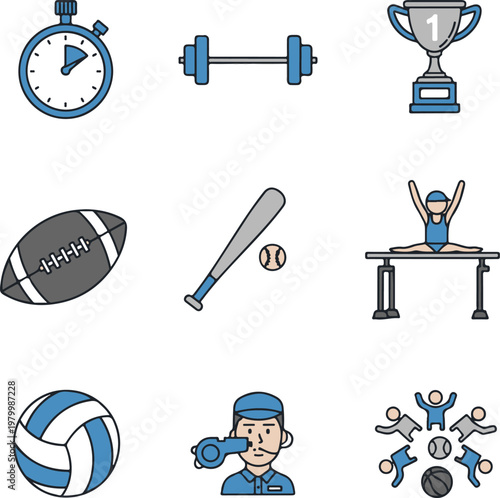 Sports and Athletics Icon Set: Fitness, Competition, and Team Games Vectors