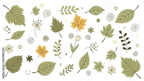 Beautiful pattern of various autumn leaves flowers and decorative swirls in earthy tones on a clean background.