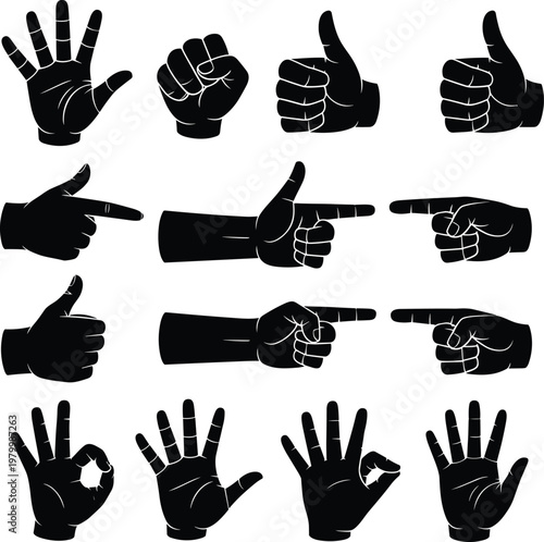 Hand gesture silhouette illustration featuring thumbs-up, pointing, fist, and symbolic signs for communication, body language, and design projects