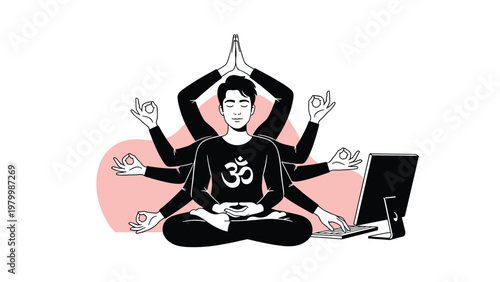 Multi armed man in a yoga meditation pose working on a computer and typing to show productivity and multitasking.