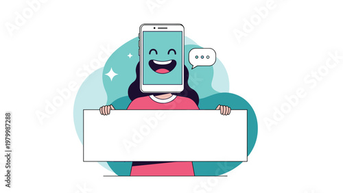 Person holding a large blank white horizontal banner with their head replaced by a smiling happy smartphone screen.
