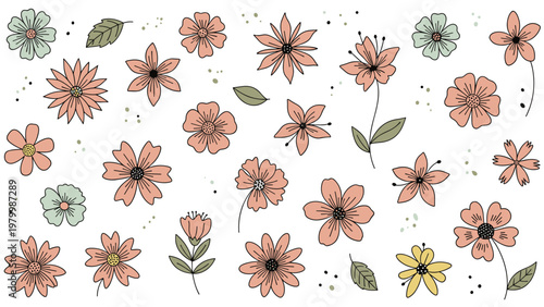 Large collection of diverse hand drawn flowers and leaves in soft pink and green shades across a white surface.