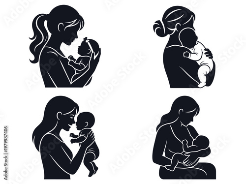 Mother and Baby Silhouette Collection - Set of Maternal Bond Icons including Breastfeeding, Hugging, and Caring Poses