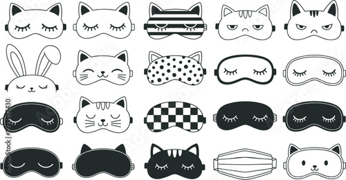 Cute animal sleep mask illustration set, featuring cat face, bunny ears, blindfold, eye cover, night mask, black and white vector.