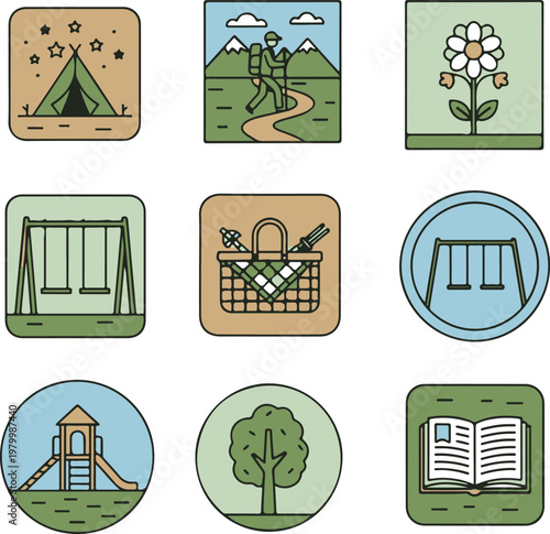 Outdoor Recreation and Leisure Icon Set: Camping, Hiking, and Park Activities Vector