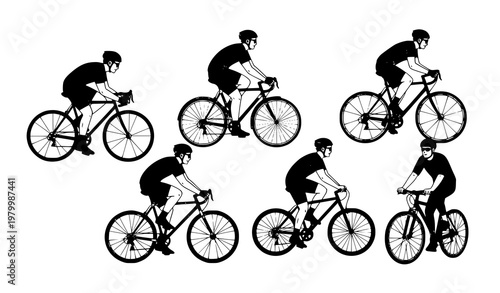 Cyclists riding city and road bikes dynamic active lifestyle vector illustration isolated on white background