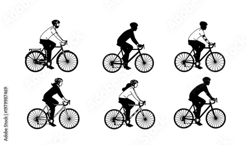 People riding bicycles men and women on city and road bikes active lifestyle vector illustration isolated on white background