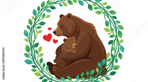 Mother Brown Bear Hugging Cub Illustration with Red Hearts and Green Leaf Wreath – Concept of Maternal Love, Parenting, and Wildlife Protection